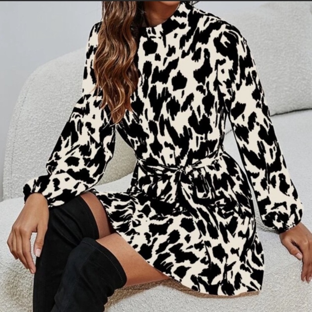 Leopard Print Long Sleeve Belted Midi Dress